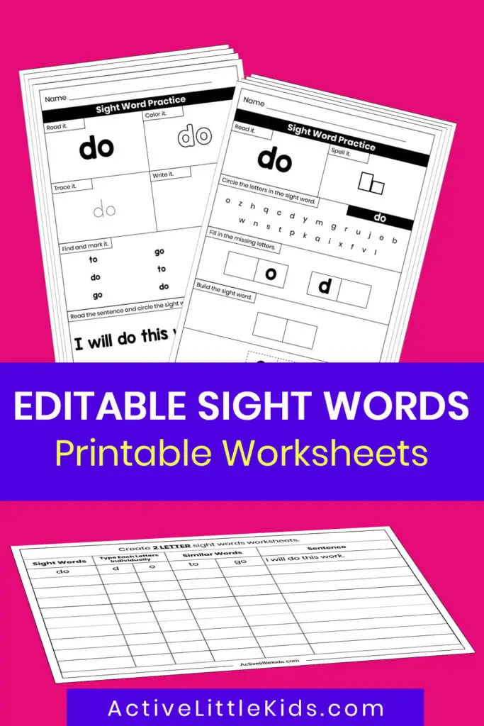 Editable Sight Word Worksheets Active Little Kids