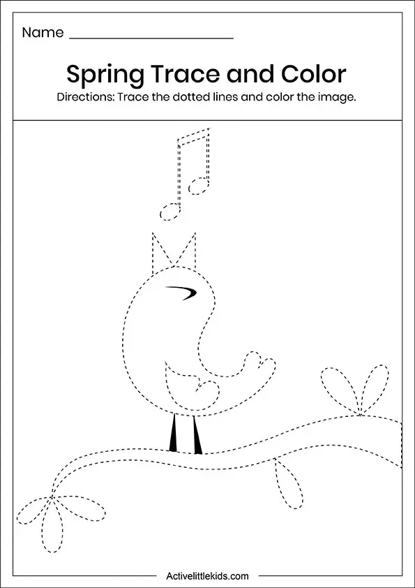 Spring bird trace and color worksheet