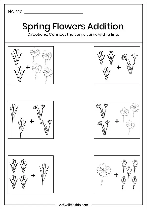 Spring flowers addition worksheets