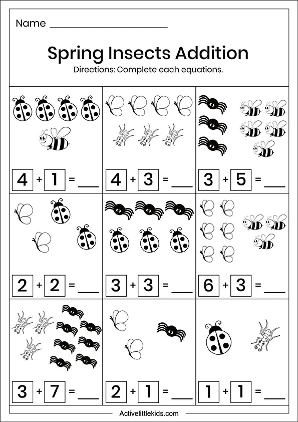 Spring insects addition worksheets