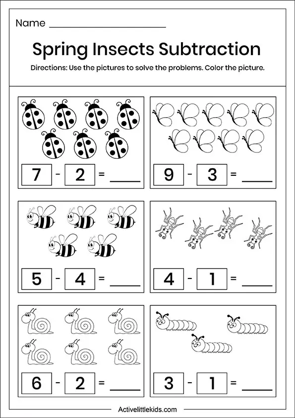 Spring insects subtraction worksheets