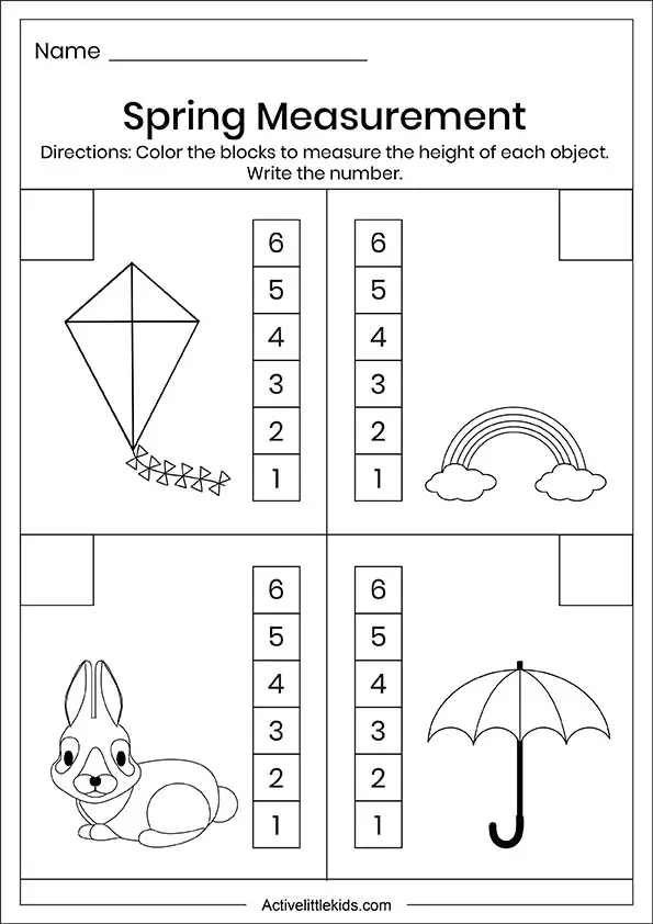 Spring measurement worksheets for kindergarten set 1