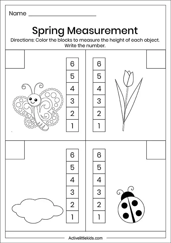 Spring measurement worksheets for kindergarten set 2