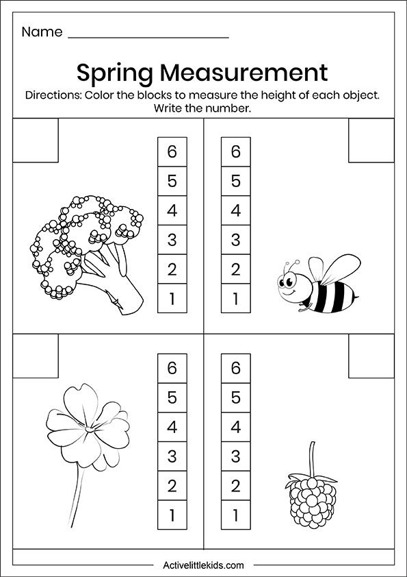 Spring measurement worksheets for kindergarten set 3