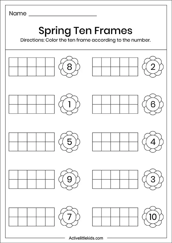 Spring ten frame color it worksheet