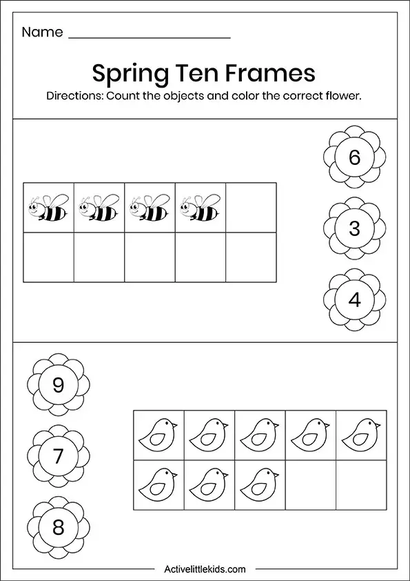 Spring ten frame count and color worksheet