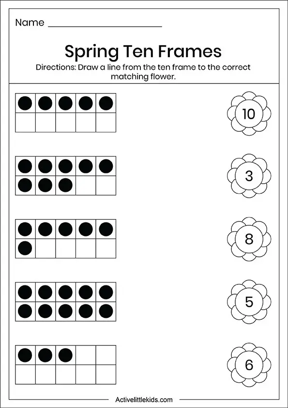 Spring ten frame matching worksheet