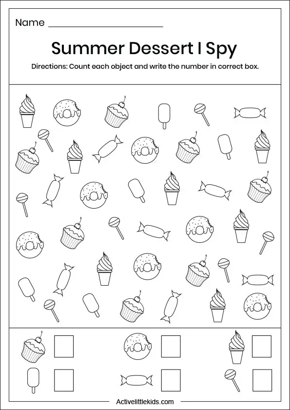 Summer dessert i spy worksheets