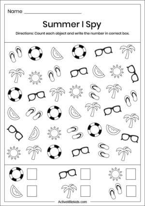 Summer I spy worksheets for kindergarten - Active Little Kids