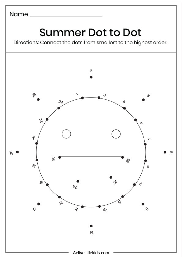 sun dot to dot for kindergarten