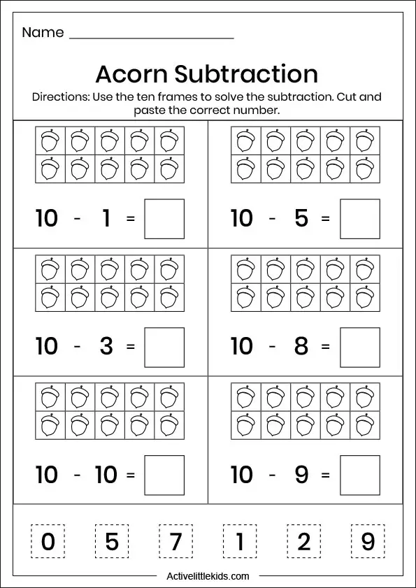 acorn ten frame subtraction worksheets