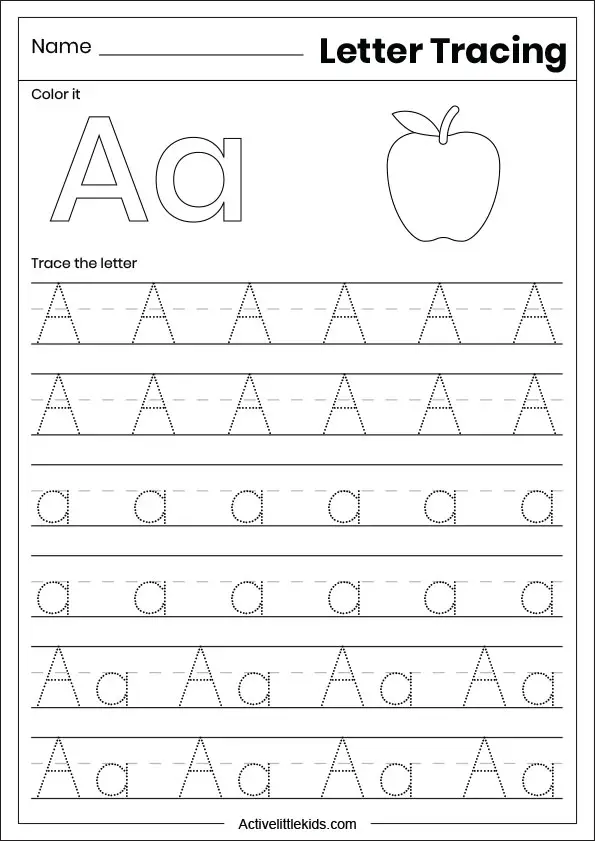 Alphabet A tracing worksheet