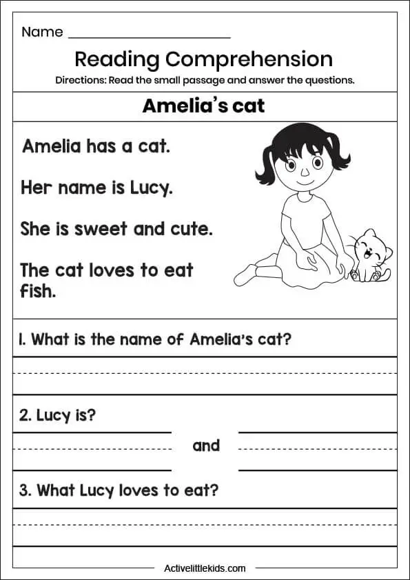 amelias cat reading comprehension worksheet