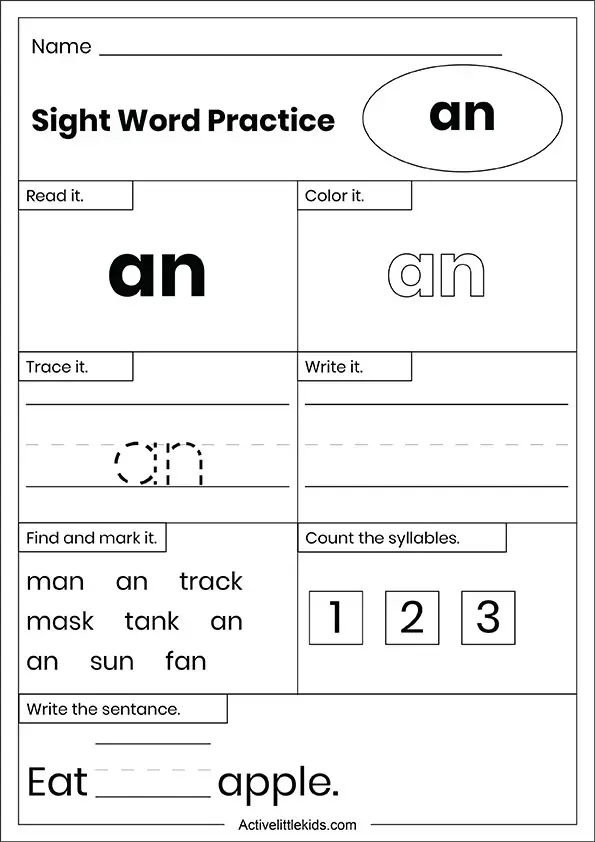 an sight word worksheet