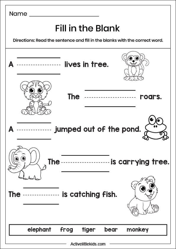 animals writing worksheets
