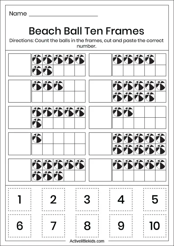 beach ball ten frames worksheet