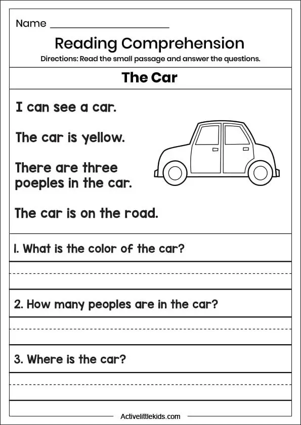 car reading comprehension worksheet