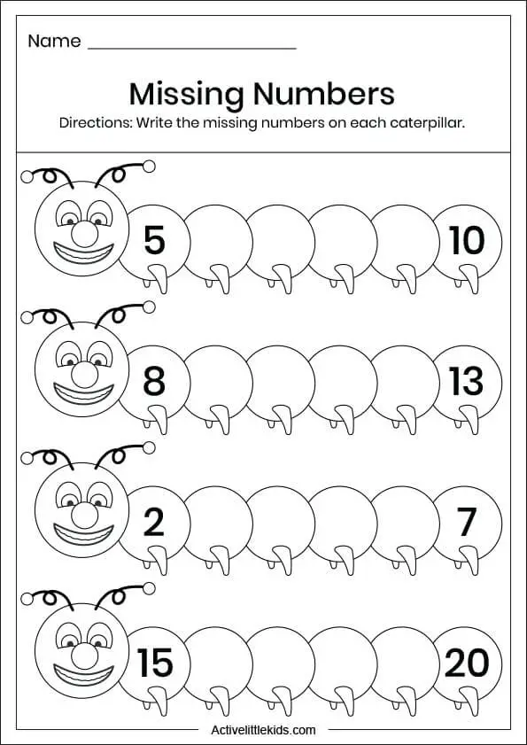 caterpillar missing numbers worksheets