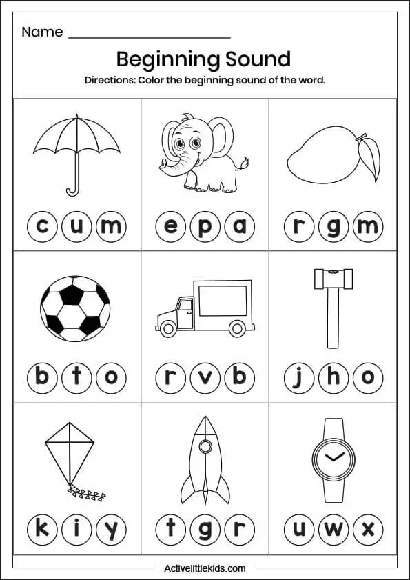 color beginning sound worksheet