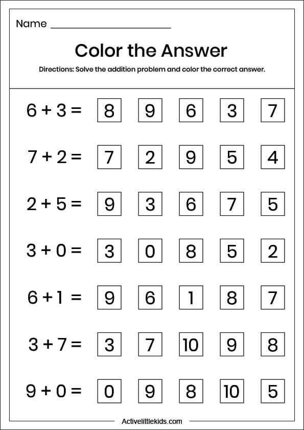 color the answer addition worksheet