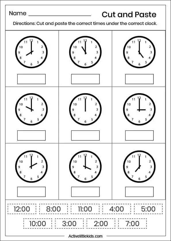 cut and paste clock worksheet