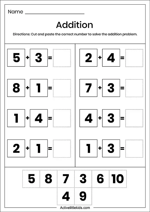 cut and paste addition worksheet