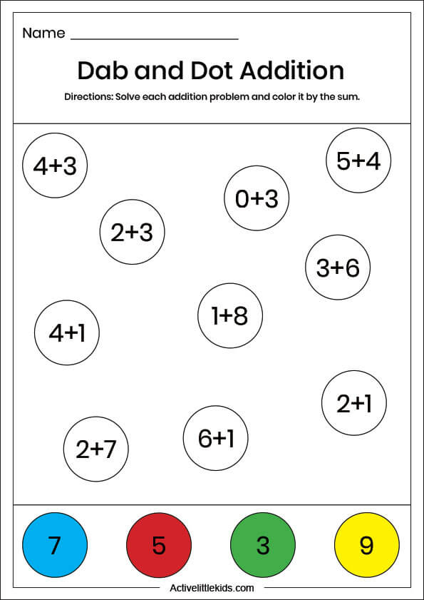 dab and dot addition worksheet