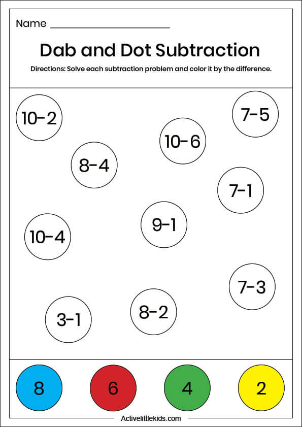 dab and dot subtraction worksheet