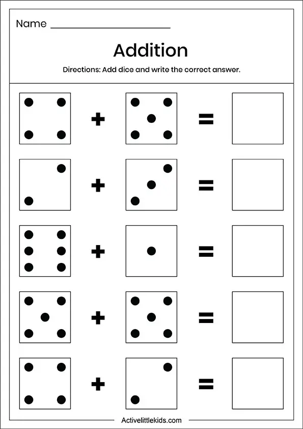 dice addition worksheet