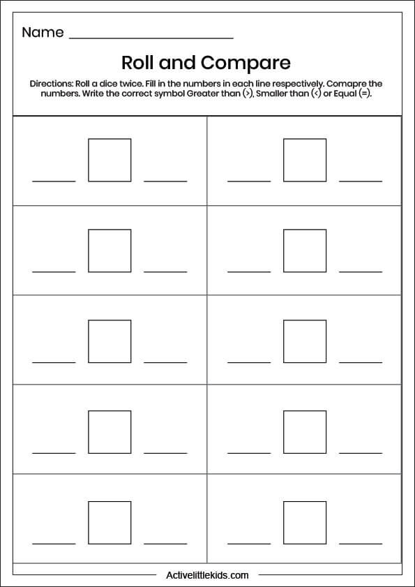 dice roll and compare worksheet