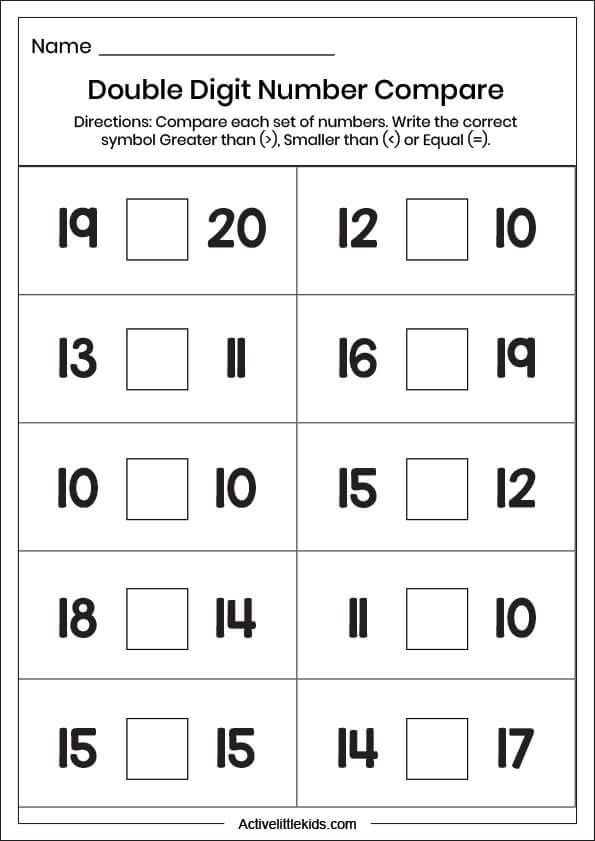 double digit numbers compare worksheet