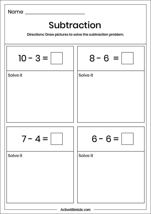 draw to solve horizontal subtraction worksheet