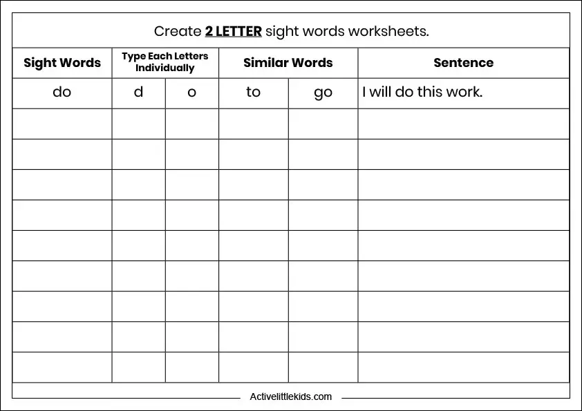 editable sight words table