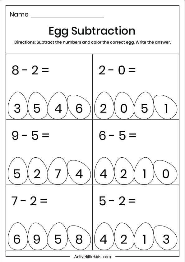 egg subtraction worksheets for preschool