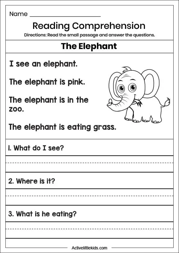 elephant reading comprehension worksheet