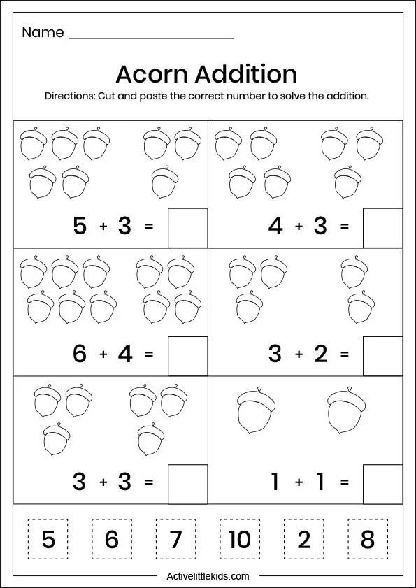 fall acorn addition worksheets