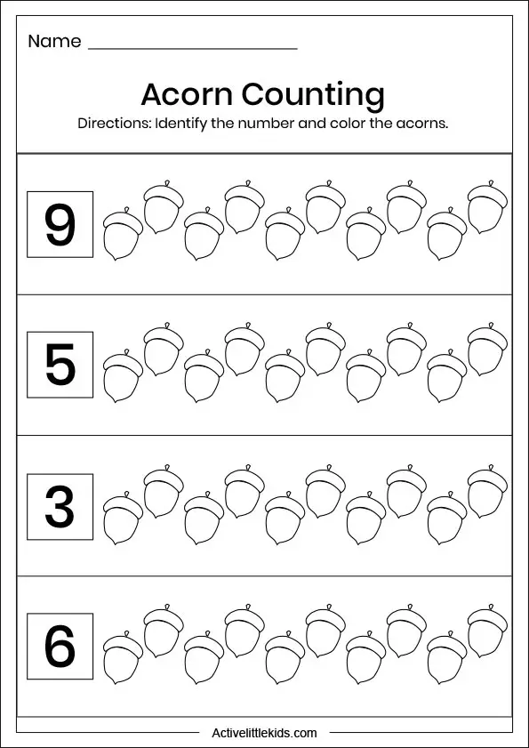 fall acorn counting worksheets