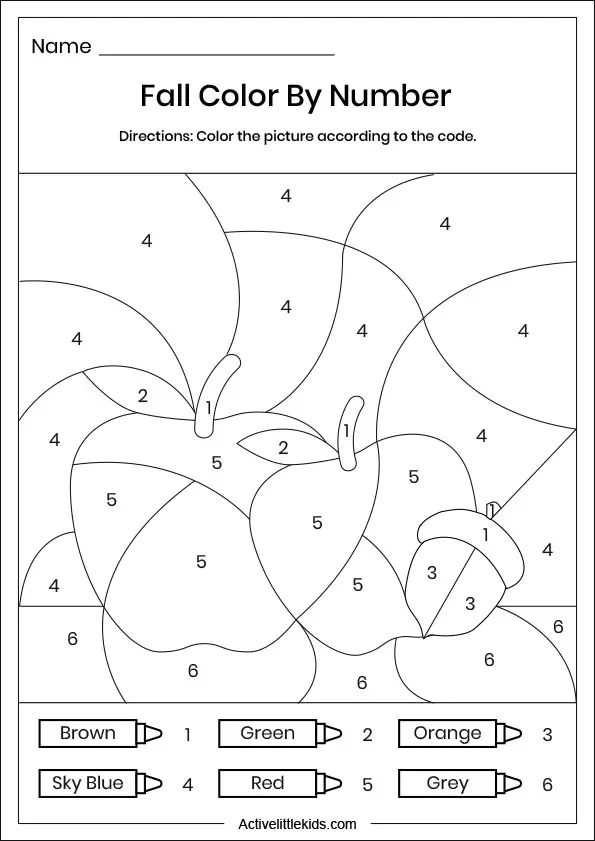 fall apple acorn color by number worksheets