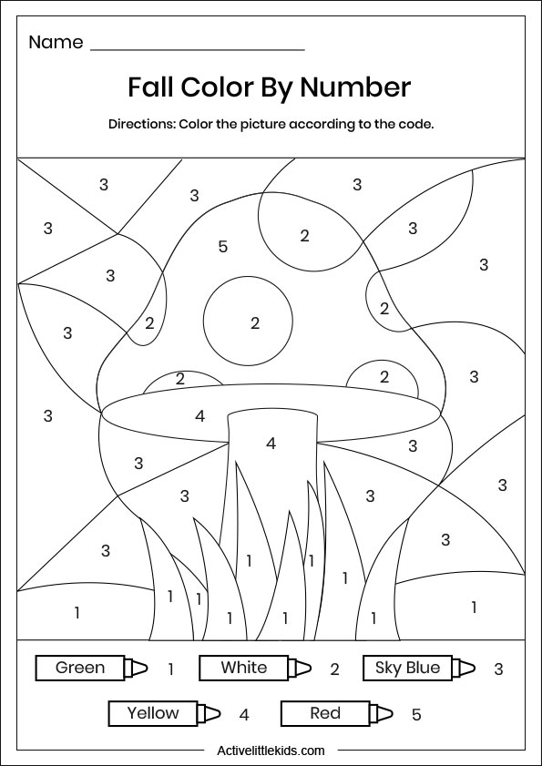 fall mushroom color by number worksheets