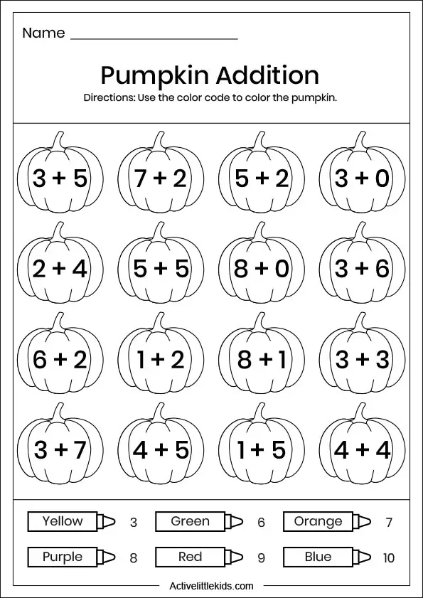 fall addition worksheets