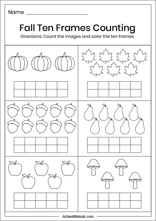 fall ten frames counting worksheets