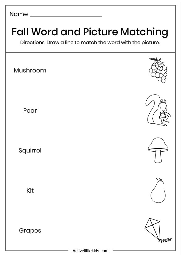 fall word picture matching worksheets