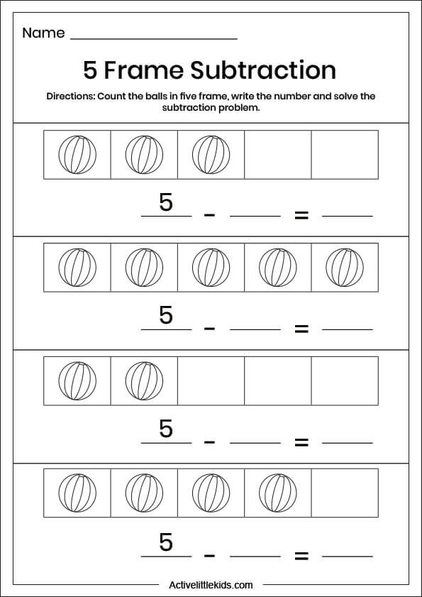 five frame subtraction worksheet