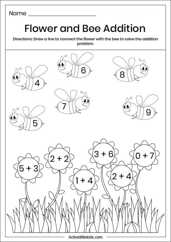 flower bee addition worksheets for preschool
