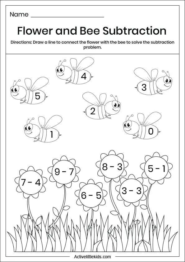 flower bee subtraction worksheets for preschool