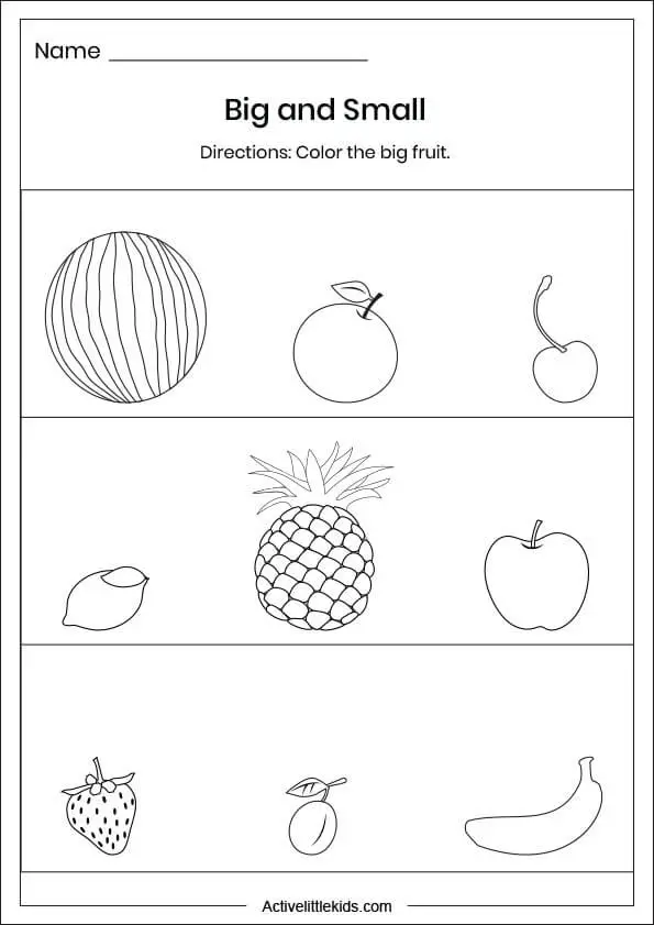 fruit big and small worksheets