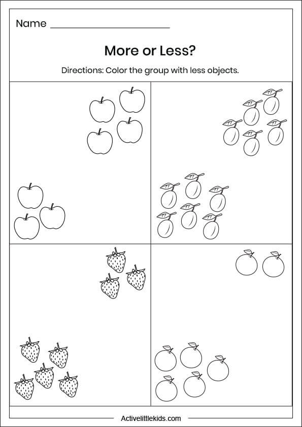 fruit more or less worksheets