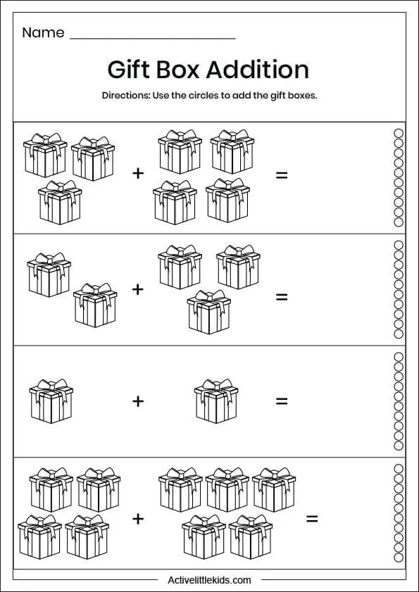 giftbox addition worksheets for preschool