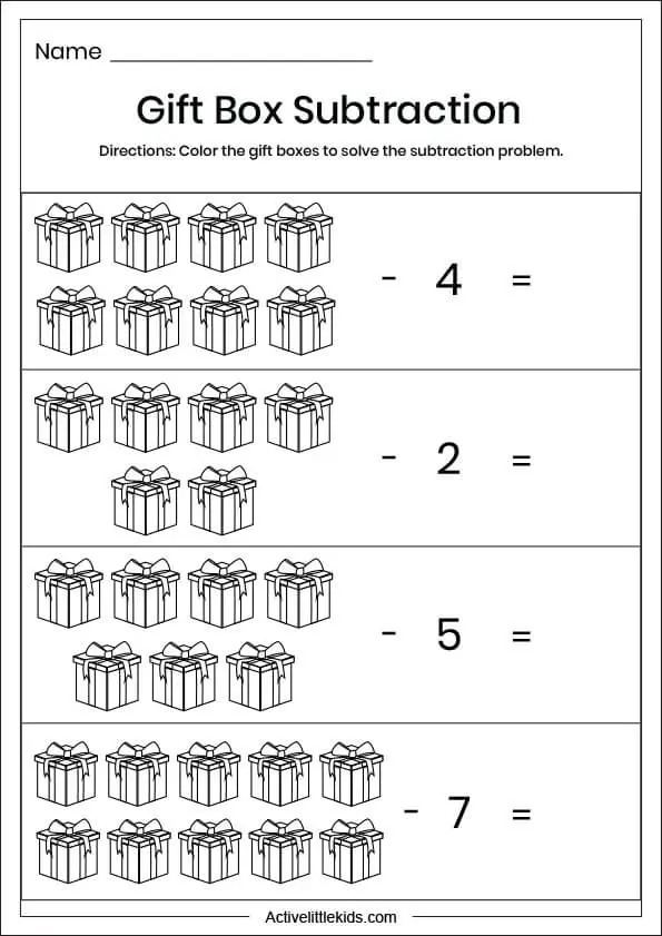 giftbox subtraction worksheets for preschool