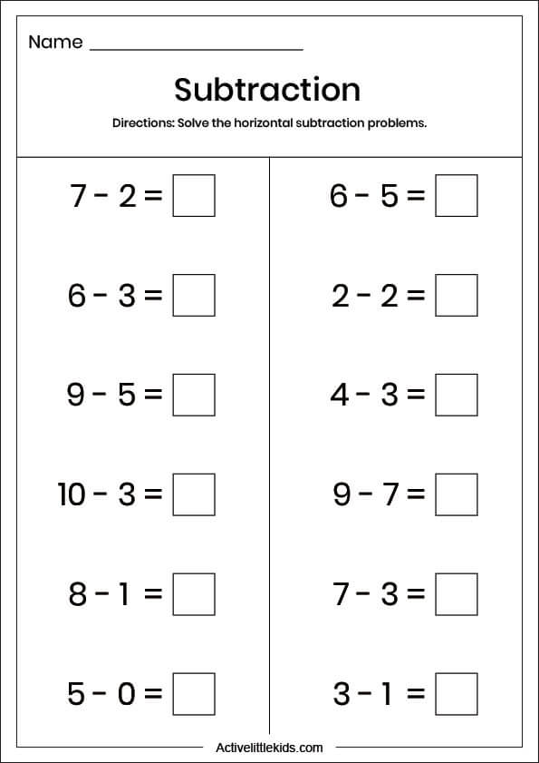horizontal subtraction worksheet